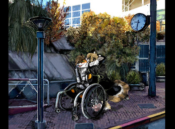4_missing_limbs amputee anthro barefoot black_bars black_body black_fur clock clothed clothing day detailed_background disability duo fangs feet fur glass grass happy inner_ear_fluff leaf machine male multicolored_body multicolored_fur open_mouth orange_body orange_fur outside path pawpads paws plant pushing_wheelchair road running seat_belt shrub sitting sky smile standing street street_lamp teeth tree tuft two_tone_body two_tone_fur vehicle wheelchair whiskers white_body white_fur window yellow_body yellow_fur jeffusherb canid canine domestic_cat felid feline felis fox mammal detailed digital_media_(artwork) digital_painting_(artwork) painting_(artwork) pillarbox pixel_(artwork)