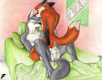 anal anal_penetration anthro anthro_on_anthro balls butt cowgirl_position duo erection eyes_closed from_front_position genitals lying male male/male male_on_bottom male_on_top male_penetrated male_penetrating male_penetrating_male on_back on_bottom on_top open_mouth penetration penis sex straddling tail tongue fluke canid canine canis domestic_dog fox husky mammal nordic_sled_dog spitz