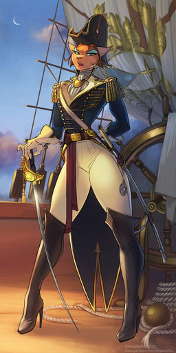 5_fingers anthro boots breasts brown_hair clothing female fingers footwear green_eyes hair high_heeled_boots high_heels holding_melee_weapon holding_object holding_sword holding_weapon impressionist_background knee_boots knee_highs legwear melee_weapon moon outside shoes sky solo star starry_sky sword twilight weapon woadedfox disney treasure_planet captain_amelia felid feline mammal 2021 digital_media_(artwork) hi_res