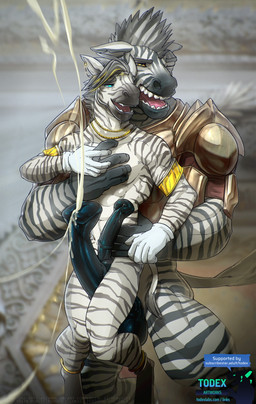 animal_genitalia animal_penis anthro armor balls big_balls big_penis bodily_fluids cum cumshot duo ejaculation equine_genitalia equine_penis erection flared_penis genital_fluids genitals huge_balls huge_penis jewelry male male/male muscular muscular_male necklace nude penis sex sharp_teeth size_difference teeth thigh_sex todex equid equine mammal zebra hi_res