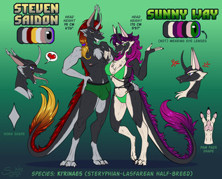 anthro bikini bulge clothing duo equis_universe female fluffy fur horn male open_mouth pawpads paws swimsuit_only swimwear tongue tongue_out two-piece_swimsuit sunny_way steven_saidon sunny_way_(character) ki'rinaes hi_res model_sheet