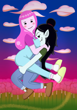 black_hair blue_clothing blue_overalls boots breast_smother breasts bubble_gum candy canon_couple clothed clothing cloud dessert duo female female/female food food_hair footwear gradient_background gradient_sky grass green_clothing green_shirt green_topwear grey_body grey_skin hair hair_bun overalls pink_body pink_clothing pink_hair pink_shirt pink_skin pink_topwear plant pseudo_hair shirt shoes simple_background sky slippers smothering smug_face socks topwear tree moopsart adventure_time cartoon_network taller_lesbian_and_shorter_lesbian marceline_abadeer princess_bubblegum candy_people_(at) demon demon_humanoid food_creature humanoid living_candy living_gum vampire absurd_res hi_res