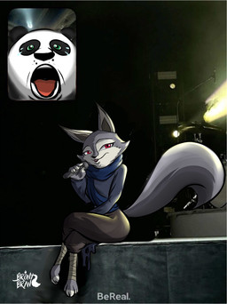 anthro bodily_fluids bottomwear clothed clothing crossed_legs duo electronics feet female fingers fur grey_body grey_fur holding_microphone holding_object looking_at_viewer male microphone open_mouth pants simple_background singing sitting stage tail tears teeth toes topwear bronybran dreamworks fan_screaming_at_madison_beer_performance kung_fu_panda master_po_ping zhen_(kung_fu_panda) bear canid canine corsac_fox fox giant_panda mammal true_fox digital_media_(artwork) hi_res meme