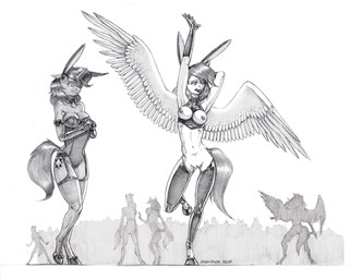 anthro anthrofied breasts bunny_costume cleavage clothed clothing costume cutie_mark duo_focus fake_ears fake_rabbit_ears female fur genitals group hair hooves horn legwear nipples playboy_bunny reverse_bunny_costume spread_wings tail thigh_highs unguligrade unicorn_horn vulva wings baron_engel hasbro my_little_pony mythology equid equine mammal mythological_creature mythological_equine pegasus unicorn 2025 greyscale monochrome