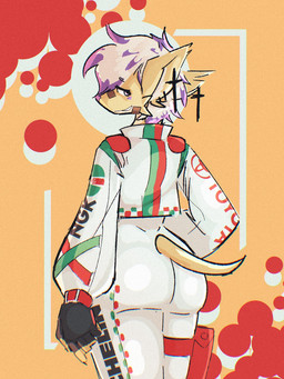 anthro bag band-aid band-aid_on_face band-aid_on_nose bandage bandage_on_face bandage_on_nose bodysuit clothing cross cross_piercing ear_piercing fingerless_gloves gloves green_stripes hair handwear jacket jacket_over_bodysuit looking_at_viewer looking_back looking_back_at_viewer male multicolored_hair piercing purple_eyes purple_hair purple_nose racing_suit red_stripes satchel skinsuit smile solo stripes tail tan_body text thigh_belt tight_clothing topwear white_bodysuit white_clothing white_hair white_jacket white_skinsuit white_topwear srlykaios toyota spiritu_nogales canid canine canis chihuahua domestic_dog mammal toy_dog 3:4 english_text hi_res