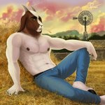 abs anthro barn biceps bottomwear bulge clothed clothed_anthro clothed_male clothing denim denim_bottomwear denim_clothing farm hand_on_knee hand_on_leg hay horn jeans knee_up leaning leaning_backward looking_at_viewer male manly muscular navel nipples on_hay outside pants pecs reclining sitting smile solo topless topless_anthro topless_male triceps wheat wheat_in_mouth windmill yellow_eyes rov bovid caprine goat mammal 1:1 2021 hi_res