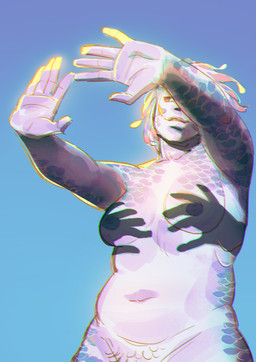 breasts feather_hair feathers female gills iridescent iridescent_body lips nipples not_furry nude pseudo_hair pubes pubic_feathers scales simple_background smile solo starfleetrambo shadow_hands_challenge siren_and_scientist oskar_(starfleetrambo) animal_humanoid aquatic aquatic_humanoid humanoid oarfish_humanoid siren digital_media_(artwork) hi_res trans_(lore) trans_man_(lore)