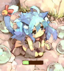 accessory ahoge bell blue_eyes blue_hair cat_tail clothing female fingerless_gloves furgonomics gameplay_mechanics gloves gui hair handwear health_bar kneeling long_hair ribbons solo tail tail_accessory tail_bell tail_ribbon paprika_shikiso pappii animal_humanoid cat_humanoid felid felid_humanoid feline feline_humanoid humanoid mammal mammal_humanoid