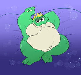 anthro bedroom_eyes belly crown crown_only headgear headgear_only jewelry looking_at_viewer lying male mostly_nude narrowed_eyes nude on_back overweight overweight_anthro overweight_male seductive solo suggestive_pose grizsnuggs mario_bros nintendo wart_(mario) amphibian frog hi_res