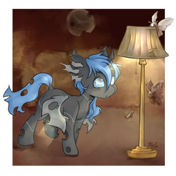 ambiguous_gender antennae_(anatomy) black_body blue_eyes blue_hair blue_tail duo feral hair horn insect_wings lamp looking_up tail white_body wings midnightpremiere friendship_is_magic hasbro my_little_pony fan_character arthropod changeling_(mlp) insect lepidopteran moth 1:1