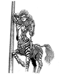 breasts clothing dagger female hair hand_behind_head hooves looking_at_viewer melee_weapon navel pole rope side_boob simple_background solo tail topwear vest weapon white_background keith_berdak electronic_arts origin_systems ultima_vi:_the_false_prophet equid equid_taur equine equine_taur mammal mammal_taur taur zebra zebra_taur 1986 concept_art monochrome official_art traditional_media_(artwork)