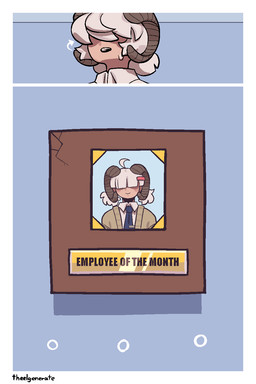 clothed clothed_humanoid clothing directional_arrow employee_of_the_month horn inside necktie obscured_eyes office photo post-it_note theelgenerate eline_(theelgenerate) animal_humanoid bovid bovid_humanoid caprine caprine_humanoid humanoid mammal mammal_humanoid sheep_humanoid 2025 2:3 comic hi_res