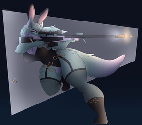anthro big_breasts black_clothing boots breasts bunny_costume clothed clothing costume female footwear gun legwear ranged_weapon rifle shoes shooting simple_background sniper_rifle solo thick_thighs weapon wide_hips photolol.03 in_heat_(game) ari_(in_heat) canid canine canis mammal wolf hi_res
