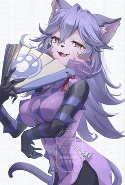 anthro clothing fangs female fur hand_fan holding_fan kemono looking_at_viewer open_mouth purple_body purple_eyes purple_fur simple_background solo teeth white_background korokoro_nekoz cyberconnect2 little_tail_bronx solatorobo opera_kranz domestic_cat felid feline felineko felis mammal 2026 hi_res japanese_description portrait three-quarter_portrait