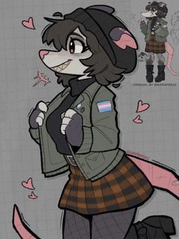 anthro bottomwear clothing female fishnet_clothing fishnet_legwear grin legwear lgbt_pride pride_colors skirt smile transgender_pride_colors barndrg13 jayrnski american_opossum mammal marsupial 2026 hi_res trans_(lore) trans_woman_(lore)