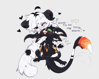 ambiguous_gender anthro black_body black_ears black_eyes black_tail blush duo ear_tuft female feral green_eyes green_sclera hair heart_eyes heart_symbol imminent_transformation male male/female mouth_closed multicolored_tail_tip one_eye_closed open_mouth pawpads paws pointy_ears question_mark short_snout tail tail_motion tailwag text text_background tuft two_tone_inner_ear white_hair white_snout white_tail white_tuft wink yes-no_question keshunya neki sixth_(keshunya) avali avian bird felid mammal english_text hi_res