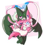 ambiguous_gender anthro blue_eyes blush blush_lines claws duo featureless_crotch feral fur green_body green_fur green_hair hair holding_another looking_at_viewer one_eye_closed open_mouth paws pink_body pink_eyes pink_fur ribbons_(anatomy) simple_background spread_legs spreading tail white_body astella1204 nintendo pokemon eeveelution felid feline generation_6_pokemon generation_9_pokemon mammal meowscarada pokemon_(species) sylveon 1:1 2025 signature