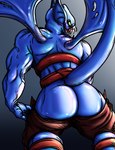 anthro blue_body bodily_fluids bottomwear bottomwear_down butt clothed clothing male mooning pants pants_down partially_clothed presenting presenting_hindquarters raised_tail saliva sharp_teeth simple_background solo tail teeth wings bombayeen_(artist) dota valve balanar_the_night_stalker monster hi_res