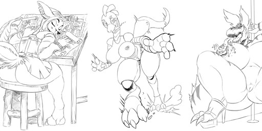 anthro auto_breast_lick big_breasts bodily_fluids bottomless breast_lick breast_play breasts butt claws clothed clothing dancing drooling easel eyes_closed female footwear fur furniture genitals group hair high_heels holding_goblet holding_object licking looking_at_viewer loose_feather machine nipple_piercing nipples open_mouth paper piercing pole pole_dancing quill running saliva self_lick shoes sitting sleeping stool tongue tongue_out trio vulva chochi animatronic deer dinosaur mammal prehistoric_species reptile robot scalie 2025 black_and_white hi_res monochrome