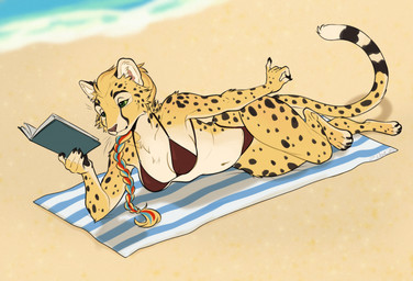 anthro barefoot beach beach_towel bikini book braided_hair breasts clothing feet female fur green_eyes hair highlights_(coloring) lying on_side paws reading reading_book sand solo spots swimwear tail tan_body tan_fur towel two-piece_swimsuit water white_body white_fur zibeline cheetah felid feline mammal 2025 digital_media_(artwork) hi_res signature