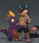 abs anthro athletic athletic_anthro athletic_male balls blue_eyes bottomwear brown_body brown_fur clothed clothed/nude clothing duo flaccid footwear foreskin fur genitals male male/male nipples nude pecs penis purple_body sandals shirtless shirtless_male shoes shorts smug yellow_sclera argon_vile palworld pocketpair anubis_(pal) leezpunk pal_(species) hi_res