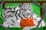 anthro ass_up blue_eyes breasts enclosure female fence food fruit grass lying plant pumpkin smile solo stripes tail white_body johnn_lima felid mammal pantherine tiger