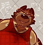 anthro blep bodily_fluids brown_body brown_fur chest_tuft clothing fur inside looking_at_viewer looking_down male muscular muscular_male nipples pecs red_clothing red_shirt red_tank_top red_topwear shirt solo sweat sweatdrop tank_top text thick_outline tongue tongue_out toony topwear tuft wizzdono pec_pov_meme henry_(wizzdono) hyena mammal english_text