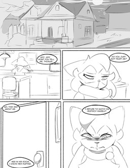 anthro building chair cloud dialogue door female fence furniture house kitchen light looking_down moon night plant sad solo star table text tree window spicykiwi nintendo pokemon tulip_(spicykiwi) floragato generation_9_pokemon pokemon_(species) absurd_res comic english_text hi_res monochrome story