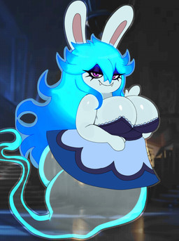 anthro big_breasts blue_hair breasts cleavage clothed clothing dress fangs female glistening_eyelids hair looking_at_viewer narrowed_eyes purple_eyes smile smiling_at_viewer solo teeth white_body sssonic2 mario_bros mario_plus_rabbids_sparks_of_hope nintendo raving_rabbids rayman_(series) ubisoft midnite_(mario_plus_rabbids) ghost lagomorph mammal rabbid spirit 2022 absurd_res digital_media_(artwork) hi_res