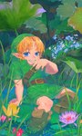 belt blonde_hair blue_eyes boots child clothing detailed_background elf eunjuragi flower footwear hair hi_res humanoid humanoid_pointy_ears hylian leaf light_body light_skin looking_at_viewer male nintendo not_furry ocarina_of_time partially_submerged plant shirt shoes sitting smile solo the_legend_of_zelda topwear tunic water wet wet_body wet_clothing young young_link