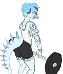 5_fingers anthro athletic athletic_anthro athletic_female barbell blue_body blue_hair blue_highlights blue_scales bodily_fluids body_tattoo bottomwear claws clothing crossgender exercise eyebrow_piercing eyelashes eyes_closed facial_piercing female finger_claws fingers hair highlights_(coloring) long_tail mtf_crossgender multicolored_hair piercing scales shirt short_hair shorts simple_background snout solo spiked_tail spikes spikes_(anatomy) sweat sweatdrop tail tank_top tattoo tomboy topwear two_tone_hair weightlifting workout prometheuzone goodbye_volcano_high nick_(gvh) baryonyx dinosaur prehistoric_species reptile scalie spinosaurid theropod 2024 digital_drawing_(artwork) digital_media_(artwork)