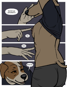 anthro black_clothing black_shirt black_t-shirt black_topwear border breasts brown_body brown_fur caressing_face clothing dialogue dominant dominant_female duo female female/female fur multicolored_body multicolored_fur orange_eyes raised_arms shirt shirt_pulled_up simple_background small_breasts speech_bubble t-shirt tan_body tan_fur text topwear two_tone_body two_tone_fur white_body white_border white_fur oystr jo_(oystr) lily_(oystr) beagle canid canine canis domestic_dog hunting_dog mammal scent_hound sighthound comic english_text hi_res