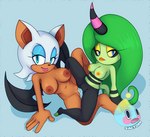 anthro barefoot big_breasts bodily_fluids breasts duo feet female female/female genital_fluids genitals looking_at_viewer nude pussy sex simple_background smile spread_legs spreading tribadism vaginal vaginal_fluids saltorii sega sonic_the_hedgehog_(series) rouge_the_bat the_deadly_six zeena bat mammal zeti alternate_version_at_source watermark