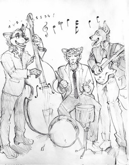 anthro bottomwear clothed clothing drum eye_contact eyes_closed front_view group happy head_tuft jacket looking_at_another male musical_instrument necktie open_mouth open_smile pants percussion_instrument playing_music simple_background sitting smile spreading standing tongue tongue_out topwear tuft unsigned wide_eyed akatan_art canid felid mammal black_and_white hi_res monochrome sketch traditional_media_(artwork)