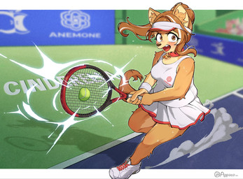 anthro ball biped bodily_fluids border bottomwear breasts brown_eyes brown_hair brown_tail claws clothed clothed_anthro clothed_female clothing collar collar_ring detailed_background dust_cloud female footwear grey_text hair hair_bun hat headgear headwear highlights_(coloring) holding_object holding_racket impact_lines inner_ear_fluff leg_tuft logo medium_breasts open_mouth playing_sport playing_tennis red_collar red_shoelaces shadow shoes skirt sneakers solo sport sportswear sweat tail tan_claws tan_inner_ear tan_inner_ear_fluff tennis tennis_ball tennis_court tennis_racket text topwear tuft visor white_border white_bottomwear white_clothing white_footwear white_highlights white_shoes white_skirt white_text white_topwear white_visor writing_on_wall appoco canid canine mammal 2026 colored digital_drawing_(artwork) digital_media_(artwork) english_text hi_res signature