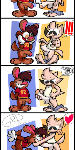 3_toes 4_fingers anthro balls big_feet big_grin bottomwear bottomwear_down cartoon_gloves clothed clothing duo erection eyewear feet fingers genitals glasses head_grab head_pull head_push male male/male open_mouth orange_tongue partially_clothed pawpads paws penis penis_grab penis_in_mouth red_tongue shirt shorts shorts_down soles tail throbbing throbbing_penis toes tongue tongue_out toony topwear wearing_glasses conditional_dnp sr-g paco_(sr-g) roderick_(tamerkoh) canid canine canis chihuahua domestic_dog lagomorph leporid mammal rabbit toy_dog absurd_res comic hi_res