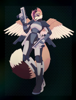 anthro armor biped clothed clothing eyewear feathered_wings feathers female fully_clothed gun holding_gun holding_object holding_ranged_weapon holding_weapon pattern_background ranged_weapon science_fiction simple_background solo standing weapon wings onomari mammal digital_media_(artwork) full-length_portrait hi_res portrait shaded