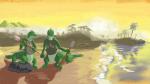 3_eyes anthro beach duo_focus group melee_weapon multi_eye multifur polearm seaside spear sunset weapon hexadoodle alien reptile reptile_taur scalie scalie_taur taur tuatara tuatara_taur 16:9 hi_res widescreen