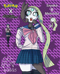 blue_eyes bottomwear clothing female green_hair hair hand_on_mouth ribbons school_uniform skirt solo uniform go-two danganronpa danganronpa:_trigger_happy_havoc nintendo pokemon spike_chunsoft sayaka_maizono generation_5_pokemon human humanoid legendary_pokemon mammal meloetta meloetta_(aria_form) pokemon_(species) absurd_res hi_res reference_image