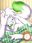 5_fingers alarm_clock anthro barefoot biped blue_eyes blush claws clock eyewear feet fingers front_view fur glasses green_body green_fur green_nose hair male motion_lines nude pince-nez solo tongue tongue_out white_body white_fur white_hair ingi teluminos canid canine mammal 3:4 hi_res