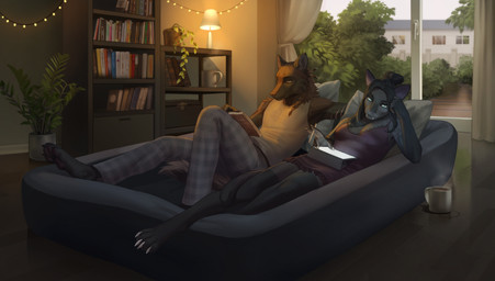 anthro biped bottomwear breasts claws clothed clothed_anthro clothed_female clothed_male clothing duo feet female fingers fully_clothed fully_clothed_anthro fully_clothed_female fully_clothed_male fur hair inside lying male on_back paws tail teeth toes topwear window plgdd canid canine felid feline mammal 2026 digital_drawing_(artwork) digital_media_(artwork) hi_res