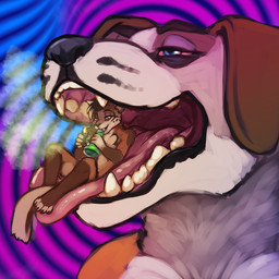 abstract_background anthro black_nose blue_eyes brown_body brown_fur detailed_mouth drugs duo extreme_size_difference floppy_ears fur glistening glistening_eyes imminent_oral_vore imminent_vore in_mouth male marijuana mawplay micro mouth_shot narrowed_eyes neck_tuft on_tongue open_mouth orange_body orange_fur red_eyes red_tongue size_difference smoking smoking_marijuana tan_body tan_fur tongue tongue_out tuft unsigned acidic canid canine canis domestic_dog mammal 1:1