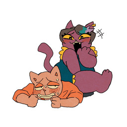 anthro blood blood_from_mouth blood_in_mouth blush bodily_fluids dominant dominant_female duo fangs female female_anthro laugh male male/female ojou_laugh open_mouth open_smile simple_background sitting sitting_on_another slightly_chubby slightly_chubby_anthro slightly_chubby_female smile submissive submissive_male sweat teasing teeth white_background crescendeon undertale undertale_(series) burgerpants catty_cattenheimer domestic_cat felid feline felis mammal 1:1 2023 digital_media_(artwork) hi_res