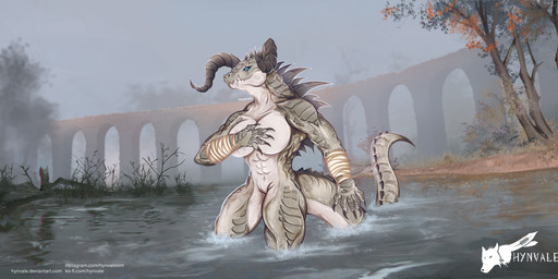 albino anthro aqueduct athletic athletic_anthro athletic_female autumn bandage bandaged_arm bath bathing biceps breasts bridge brown_body female fog foggy_background grey_body horn looking_at_another morning muscular muscular_female muscular_thighs nature nature_background non-mammal_breasts outside painting_(object) plant river scales solo tail tail_motion tailwag text thick_tail thick_thighs tree water wide_chest hynvale fallout microsoft vi_(buggyslideshow) deathclaw scalie hi_res url