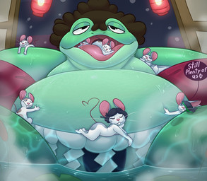 anthro belly big_belly brown_hair female fur green_body group hair huge_belly inside male oral_vore overweight semi-anthro speech_bubble text vore white_body white_fur denaturedalbumin amphibian frog mammal mouse murid murine rodent 2024 hi_res