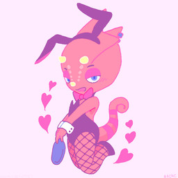 anthro bedroom_eyes blue_eyes bow_(feature) bow_in_front bow_tie bunny_costume clothed clothing costume crossdressing ear_piercing fake_ears fake_rabbit_ears fishnet_clothing fishnet_legwear heart_symbol hearts_around_body holding_object horn legwear looking_at_viewer male narrowed_eyes piercing plate red_body red_skin seductive simple_background solo white_background tsuneya animal_crossing nintendo flick_(animal_crossing) chameleon lizard reptile scalie 1:1 2020 aliasing digital_media_(artwork) full-length_portrait pink_theme portrait