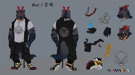 2_horns 4_toes 5_fingers anthro antlers belt_pouch black_bottomwear black_clothing black_fingerless_gloves black_gloves black_handwear black_pants black_pawpads black_sclera black_stripes black_topwear black_vest blue_body blue_clothing blue_fire blue_footwear blue_fur blue_shoes bottomwear bracelet claws closed_smile clothed clothed_anthro clothed_male clothing color_swatch colored_fire countershade_fur countershade_torso countershading digit_ring ear_piercing ear_ring eyebrows fangs feet finger_claws finger_ring fingerless_gloves fingers fire footwear front_view fully_clothed fully_clothed_anthro fully_clothed_male fur furgonomic_footwear furgonomics gloves glowing_pupils green_jewelry green_necklace grey_background hand_on_hip hand_on_own_hip handwear head_horn horn jewelry looking_at_viewer male metal_ring mouth_closed multiple_angles multiple_poses muscular muscular_anthro muscular_male necklace ofuda open_mouth pants pawpads piercing pose print_clothing print_shirt print_topwear print_vest pupils rear_view red_claws red_eyebrows red_horn ring_piercing shirt shoes simple_background slit_pupils smile solo striped_arms stripes tail talisman tan_body tan_countershading teeth text toe_claws toeless_footwear toes topwear vest white_clothing white_shirt white_topwear yellow_clothing yellow_eyes yellow_footwear yellow_shoes racoonwolf neal_(fluffy_neal) canid canine canis mammal wolf 2024 character_name digital_drawing_(artwork) digital_media_(artwork) full-length_portrait headshot_portrait hi_res model_sheet portrait