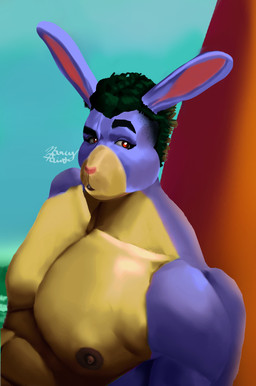 anthro big_muscles big_pecs green_hair hair male muscular pecs purple_body solo_focus marcy_paint hare lagomorph leporid mammal hi_res