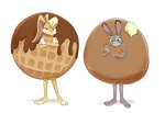 3_toes anthro barefoot clothing costume cutlery duo eating feet female food food_costume fork kitchen_utensils looking_at_viewer pancake pancake_costume paws plantigrade simple_background standing toes tools waffle waffle_costume white_background asphk disney looney_tunes space_jam the_looney_tunes_show warner_brothers zootopia judy_hopps lola_bunny lagomorph leporid mammal rabbit absurd_res hi_res