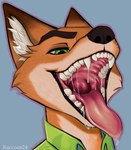 anthro bared_teeth bodily_fluids clothing fur green_eyes male mouth_shot open_mouth orange_body orange_fur saliva saliva_on_tongue saliva_string solo teeth teeth_showing tongue tongue_out topwear raccoon24 disney zootopia nick_wilde canid canine fox mammal 2025 hi_res